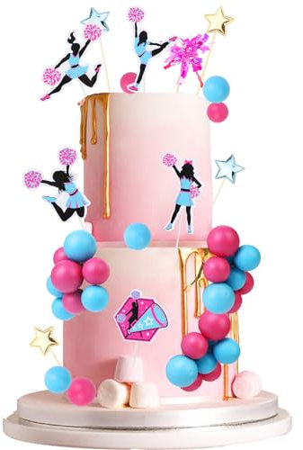 Cheereveal Décorations de gâteau de pom-pom girl – Décorations de cupcakes en forme de balle bleue et rose, pour fête d'anniversaire, fête prénatale, révélation du sexe, accessoires photo