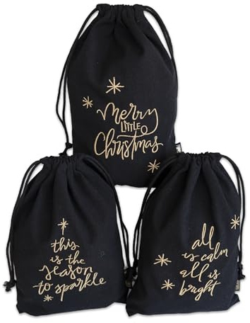 Papierdrachen Weihnachten Geschenkbeutel 3er Set Schwarz-Gold | 20x30 cm - goldene Bestickung - stilvoll&moderne Geschenkverpackung - zum Befüllen & Verschenken - kleine Überraschungen