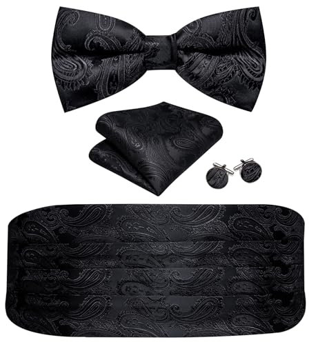 Barry.Wang Kummerbund Fliege Set für Herren Seide Kummerbund Vorgebundene Fliege Einstecktuch Manschettenknöpfe, Schwarz Paisley 1078, Einheitsgröße