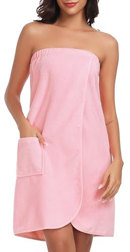 Lovasy Sauna Bademantel Damen Frottee Saunatuch Saunakilt mit Taschen, Druckknopf und Gummizug,Rosa,L