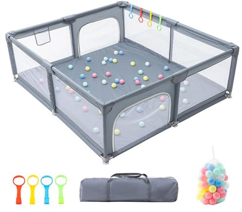 GLOKID Laufstall Baby 180 X 200cm, Laufgitter baby, große Sicherheitsspielplatz, mit Anti-Kollision Schaum Absperrgitter mit atmungsaktivem Netz, Einschließlich Ocean Balls y Pull Rings (XWL 1820)