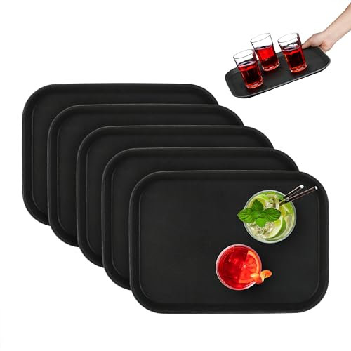 Relaxdays Pack de 5 Bandejas Camarero, Antideslizantes, Rectangular, Bar, Restaurante, Buffet, 35x25 cm, Plástico, Negro