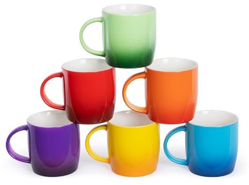 FiNeWaY Set of 6 Stoneware Multicoloured Ombre Mugs - Durable Dishwasher & Microwave Safe Coffee & Tea Cups, Colourful Gradient China Mugs - 325ml Large Capacity