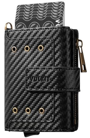 VULKIT Trifold Mens Smart Wallet with Aluminum POP UP Card Case RFID Protected, ID Window, Zipper Pocket for Coins and Compartment for Bills/Banknotes, Carbon Black