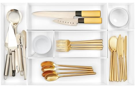LYLIDIA 7 Stck Schubladen Organizer Küche Bad Schminktisch Schubladentrenner Weiß 27.4 cm Drawer Organizer Cutlery Box Schubladeneinsatz Ablagefach 3 Größen Stapelbar Ordnungssystem
