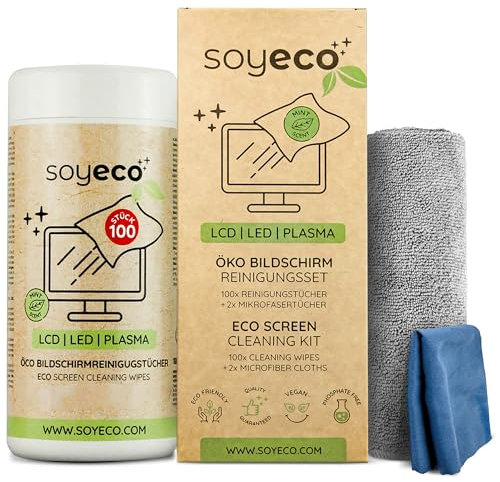 SOYECO ECO Bildschirm Reinigungstücher - 100x Display Reinigungstücher + 2 Mikrofasertücher - geeignet für Handy, Monitor, Laptop, iPad, LCD-Fernseher, Tablet, PC uvm.