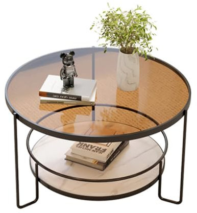 SINBINTA Runder Couchtisch, Glas-Couchtisch für kleinen Raum mit stabilem Metallrahmen, moderner Sofa-Beistelltisch für Wohnzimmer, Schlafzimmer und Offic (schwarzer Rahmen + blaugrünes Glas)