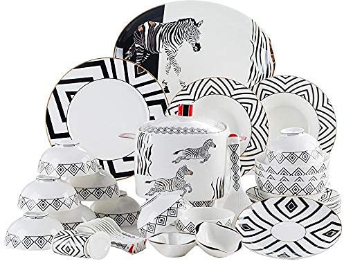 50 Pieces Fine Porcelain Dinnerware Set, Zebra Pattern European Modern Simple Wedding Gift, Tableware with Pot, Bowl, Soup Plates, Toothpick