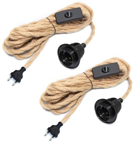 2 Stück Hängelampe mit Stecker, E27 Fassung mit 510CM Hanfseil Kabel und Schalter, Lampenfassung mit Schalter, Vintage Lampenkabel Pendelleuchte mit Stecker, DIY Innenraum Kreativität Hängeleuchte
