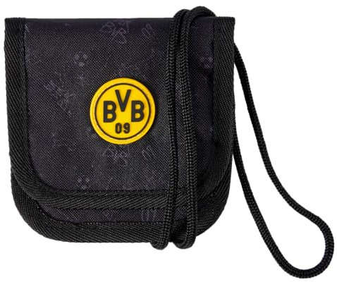Borussia Dortmund BVB Umhänge-Geldbeutel Allover Schwarz für Kids - Mit BVB-Emblem und dezentem Aufdruck, 2 Reißverschlussfächer, Oeko Tex Made in Green