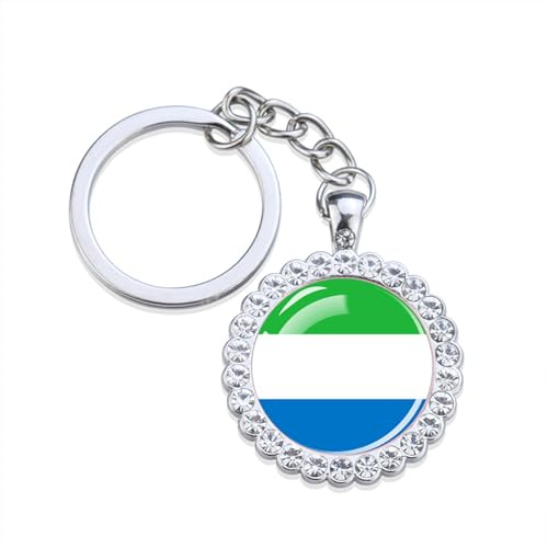 GONMFKM Fashion Sierra Leone National Flag Round Keychains Africa Countries Flag Rhinestone Pendant Keyrings,Jewelry Car Key Holder Charm For Women Men Patriotic People Gift