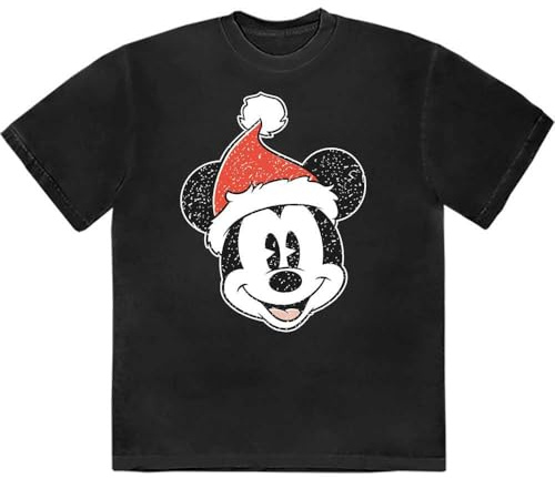 Disney Mickey Mouse Santa Hat Printed Cartoon Character Black Short-Sleeved T-Shirt Size L