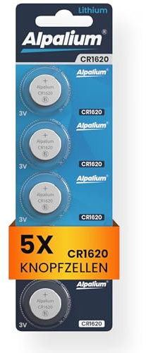 Alpalium CR1620 Knopfzellen Batterie, 5er Pack, 3V, Hohe Leistung für Fernbedienungen, Schlüsselanhänger, CPUs, tragbare und medizinische Geräte, CR 1620 Premium Qualität & Lange Lagerfähigkeit
