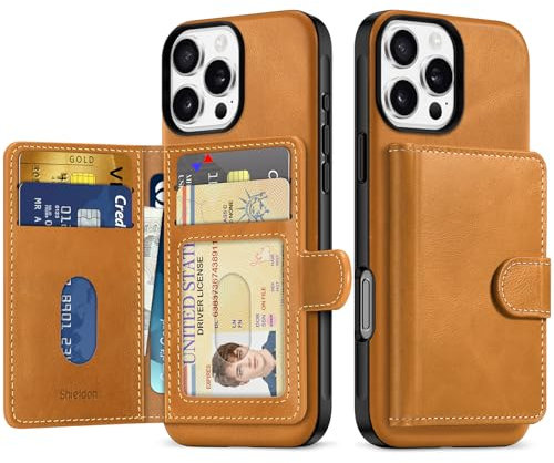 SHIELDON Genuine Leather Wallet Case for iPhone 16 Pro Max with Undetachable Magnetic RFID Blocking 6 Card Slots & ID Window, Slim Protective Case Compatible with iPhone 16 Pro Max - Retro Light Brown