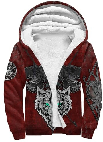 Viking Wolf Totem 3D gedruckt Hoodie, Winter dicke warme Lamm Wildleder gefüttert Jacke, Nordic Raven Herren Winterjacke