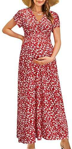 OUGES Robe de maternité Maxi Summer Short Sleeve Wrap V Neck Pregnancy Dress for Photoshoot