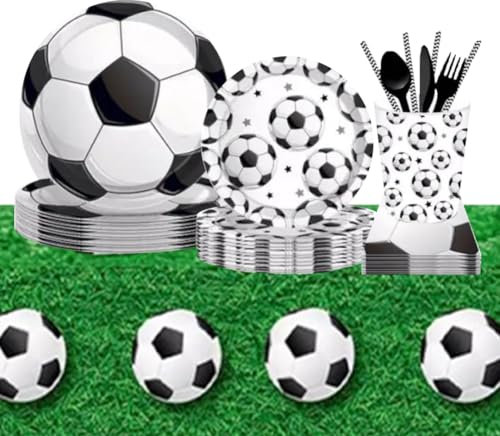 Vajilla Completa para Cumpleaños Futbol. Decoracion Cumpleaños Futbol con Mantel Futbol, Cubiertos, Platos y Vasos para Cumpleaños Infantil Futbol. Vajilla Verde para Decoracion Futbol Cumpleaños