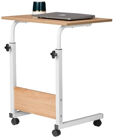 Karl home Small Side Mobile Table 60×40cm Computer Desk with Rolling Wheels Height Adjustable Rolling Potable Laptop Cart, C-Shaped Bed Couch End Tables with Edge Stopper for Living Room Bedroom,Birch