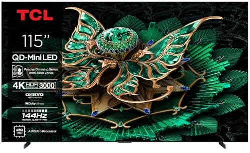 TCL 115C7K QLED Mini LED Fernseher, 115 Zoll, 4K HDR Premium, Dolby Vision IQ & Atmos, Smart TV mit Google TV, Onkyo 4.2 Sound, 144Hz VRR, AMD FreeSync Premium Pro, HDMI 2.1, AirPlay 2, Alexa