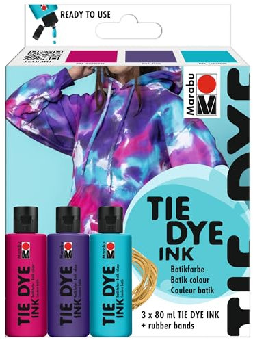 Marabu TIE DYE Ink Set Trend, 3 x 80 ml Farbe auf Wasserbasis, inkl. Gummibänder, strahlende Batikfarbe für helle Textilien bis 20 Prozent Kunstfaseranteil, 1730000000202