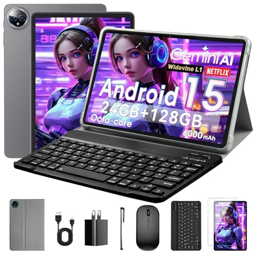 Aobante 10 Android 15 Tablet: 24 GB RAM + 128 GB ROM (1 TB Max), Octa-Core, 1280x800 HD IPS Touchscreen, 5MP+8MP Cameras, 6000 mAh, with Keyboard, Mouse, and Widevine L1 (Gray), Gemini AI