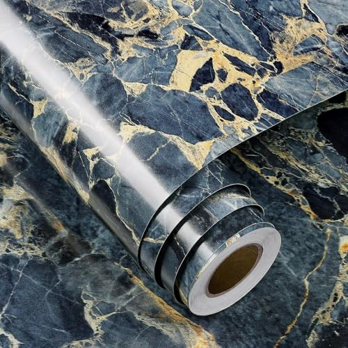 FunStick Marmor Tapete Selbstklebend Badezimmer Wand Dunkelblau und Gold Arbeitsplatte Folie Küche Marmoroptik Klebefolie Küchenrückwand Küchenfronten Folie für Möbel Marmor Marineblau Gelb 30CMx5M