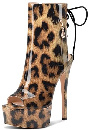 Castamere Donna Spillo Alto High Tacco Heel Aperte sulla Punta Piattaforma Estate Stivaletti Lacci Ballo Feste Stivali 15 CM Heels Leopardo Marrone 41 EU