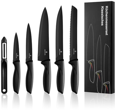 targzier Ultra Sharp Stainless Steel Kitchen Knife Set (Black 6-piece Set) | Kitchen Knife Set, 6-Piece Black Stainless Steel Knife Set with Chef, Bread, Carving,Utility ,Paring Knife&Peeler