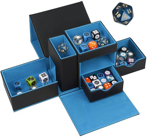 Jaffzora 3-in-1 Würfelturm & Würfelaufbewahrungsbox, magnetische Leder-Würfelschale, tragbarer Würfelhalter für Dungeons & Dragons, MTG, RPG und Tabletop-Spiele, Schwarz und Blau