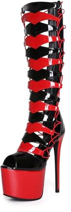 Frankie Hsu Goth Sexy Stivaletto Piattaforma A Spillo Fatto A Mano Ginocchio Alto Tacco Stivale Nero Rosso Vernice Gotica Punk Hot Girl Big Large Size Largo Vitello Lungo Peep Toe Stivali Estivi Per