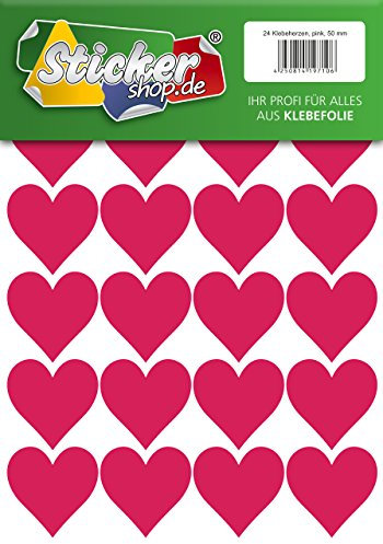 24 Klebeherzen, 50 mm, pink, aus PVC Folie, wetterfest, Herz Sticker Aufkleber