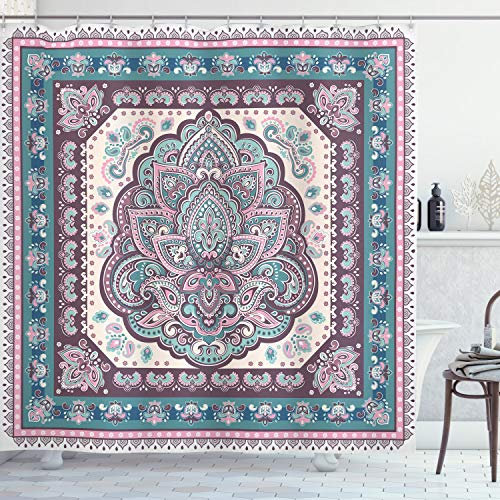 ABAKUHAUS Ethnisch Duschvorhang, Paisley Oriental, Stoffliches Gewebe Badezimmerdekorationsset mit Haken, 175 x 200 cm, Pale Pink Lila