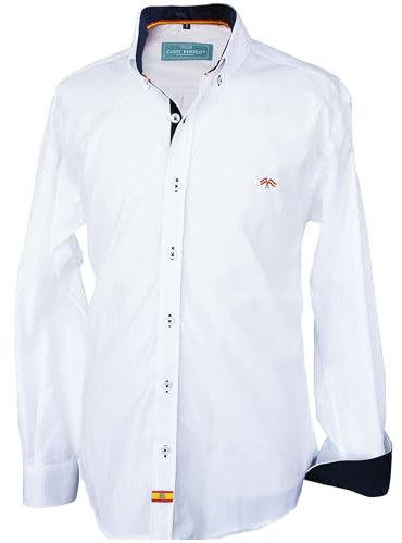 Pi2010 Camisa Bandera de España Hombre Blanca con Marino, Fabricado en España, Talla L