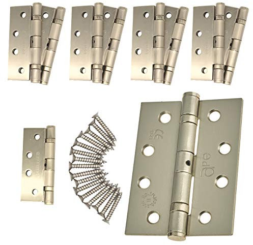 Internal Fire FD60 Door Hinges 4 102mm Ball Bearing 5 Pair Pack [10 Hinges & Screws] Satin Nickel Plated