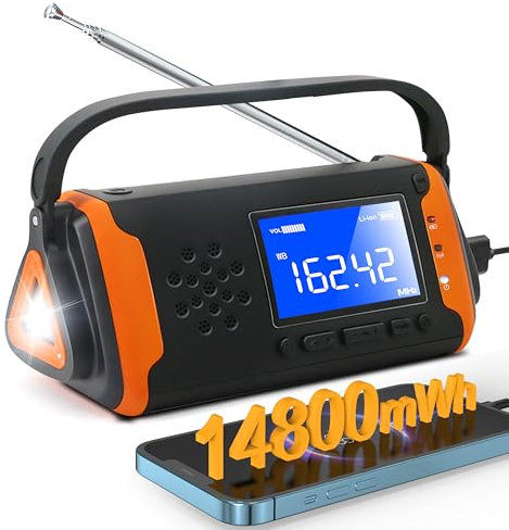 14800mWh Emergency NOAA Weather Alert Radio: Hand Crank Solar Portable Radio with Battery Operated, LCD Display, AUX Music Play, Flashlight, SOS Alarm, Emergency Phone Charger for Outdoor Emergency