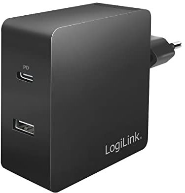 LogiLink USB Steckdosenadapter (1X USB-A, 1X USB-C) PD 65W (Powerdelivery) für Smartphones/Tablets/Ebooks/Navi/Notebooks/etc. - Überlade-, Tiefentlade-, Überlast- und Kurzschlussschutz, QC