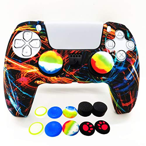 Skin für PS5-Controller-Griffe, Silikon-Schutzhülle für Playstation 5, rutschfester Schutz mit 10 Daumen-Joystick-Kappen (Feuerwerk)