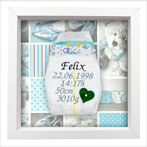 Tanjo Bestickte Windel im Rahmen weiß Junge, süßes Geschenk zur Geburt I Taufgeschenk, mit Kristallen verziert | Name, Datum, Uhrzeit, Gewicht und Größe | Nachhaltiges Babygeschenk
