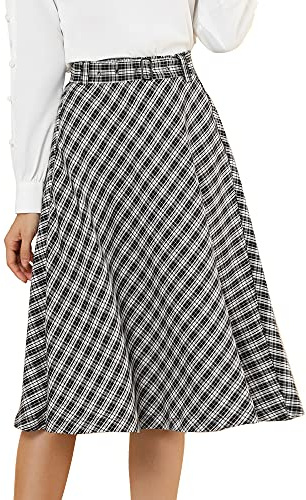 Allegra K Women's Tartan Plaid High Waist Belted Vintage A-Line Midi Skirt Black White 4