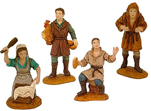 Acan Tradineur - Set 4 Figuras de Campesinos para belén navideño 8 cm, durexina, Figuras Decorativas Nacimiento, Pesebre, Navidad, decoración Tradicional