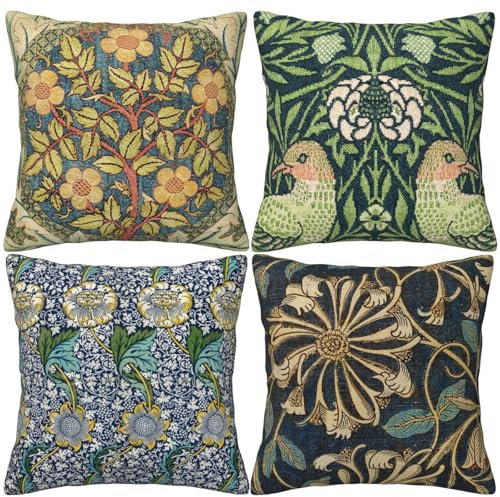 HOSTECCO William Morris Kissenbezüge 45x45cm 4er Set Geißblatt Rose Kranz Muster Blumen Kissenbezüge Quadratisch Dekorative Kissenbezüge für Sofa Couch