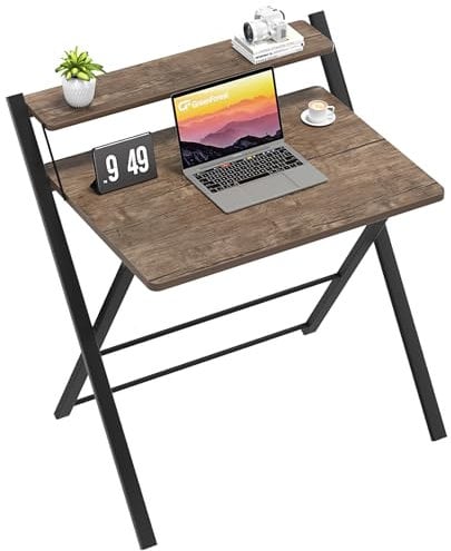 GreenForest Foldable Desk with Monitor Shelf,Small Size Computer Desk No-Assembly,Small Desk for Small Space,Brown