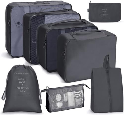 Bansga Koffer Organizer 8 Set, Packing Cubes Kofferorganizer Kleidertaschen Schuhbeutel Reiseorganizer Packwürfel Kosmetik Travel Organizer Packtaschen für Koffer-Black