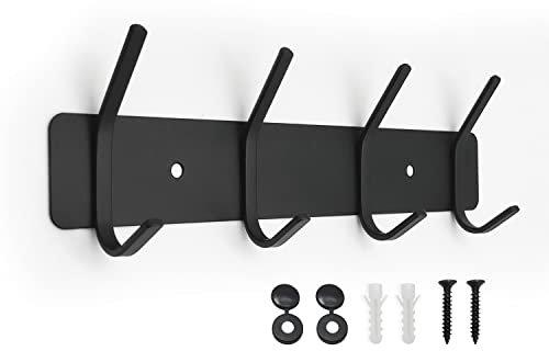 SYPEN Coat Hooks Wall Mounted, Heavy Duty Coat Rack for Robe, Hats, Clothes, Hangbags and Purse, Metal Key Hooks with 4 Hangers Rails, Matte Black