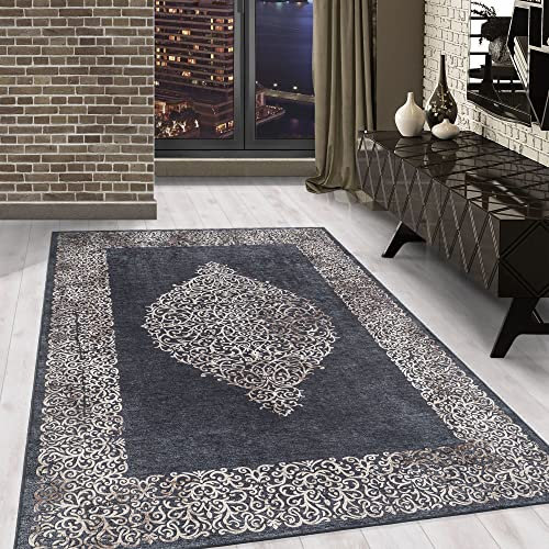 Carpetsale24 Waschbarer Kurzflor Teppich Läufer Schwarz 80x150 cm Ornament Design mit Rutschfester Rückseite, Hautfreundlich & Pflegeleicht, Ideal für Wohnzimmer, Schlafzimmer, Flur