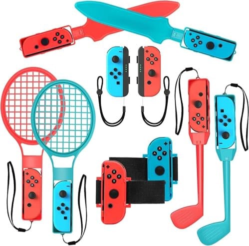 2025 Nintendo Switch Sport-Zubehörpaket – HLRAO 10-in-1-Familienzubehörset für Nintendo Switch OLED -Sportspiele: Tennisschläger, Schwertgriffe, Golfschläger, Handgelenk-Tanzbänder und Beingurte usw.