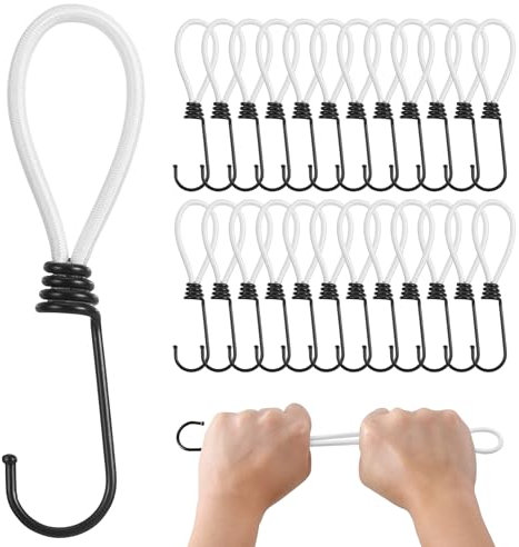 PRETEX Cordons Élastiques avec Crochets - Lot de 25 Tendeurs Universels avec Attaches de 13 cm Longueur - Sangle Elastique à Crochet Sandow Résistant pour Camping Bagage Bache - Blanc