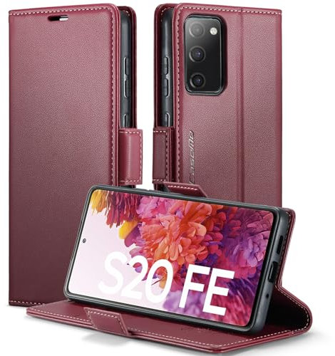 XYGLOW Handyhülle für Samsung Galaxy S20 FE Hülle Premium Leder Klappbar Kartenfach Magnet Standfunktion RFID Schutzhülle für Samsung S20 FE 4G/5G Flip Case Wallet Klapphülle Lederhülle Wein Rot 6,5