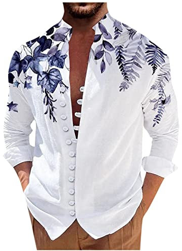 Chemise Homme Casual Chemise Homme Manches Longues Chic Imprimée Chemisette pour Homme Henley Chemisette Homme Confortable Travel Chemise Col Mao Homme Vintage Chemise sans Repassage