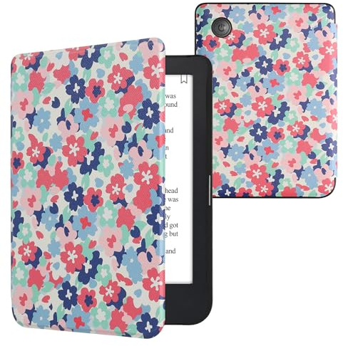 kwmobile Klapphülle kompatibel mit Kobo Clara 2E / Tolino Shine 4 Hülle - eReader Case - Pastellblumen Rot Altrosa Blau